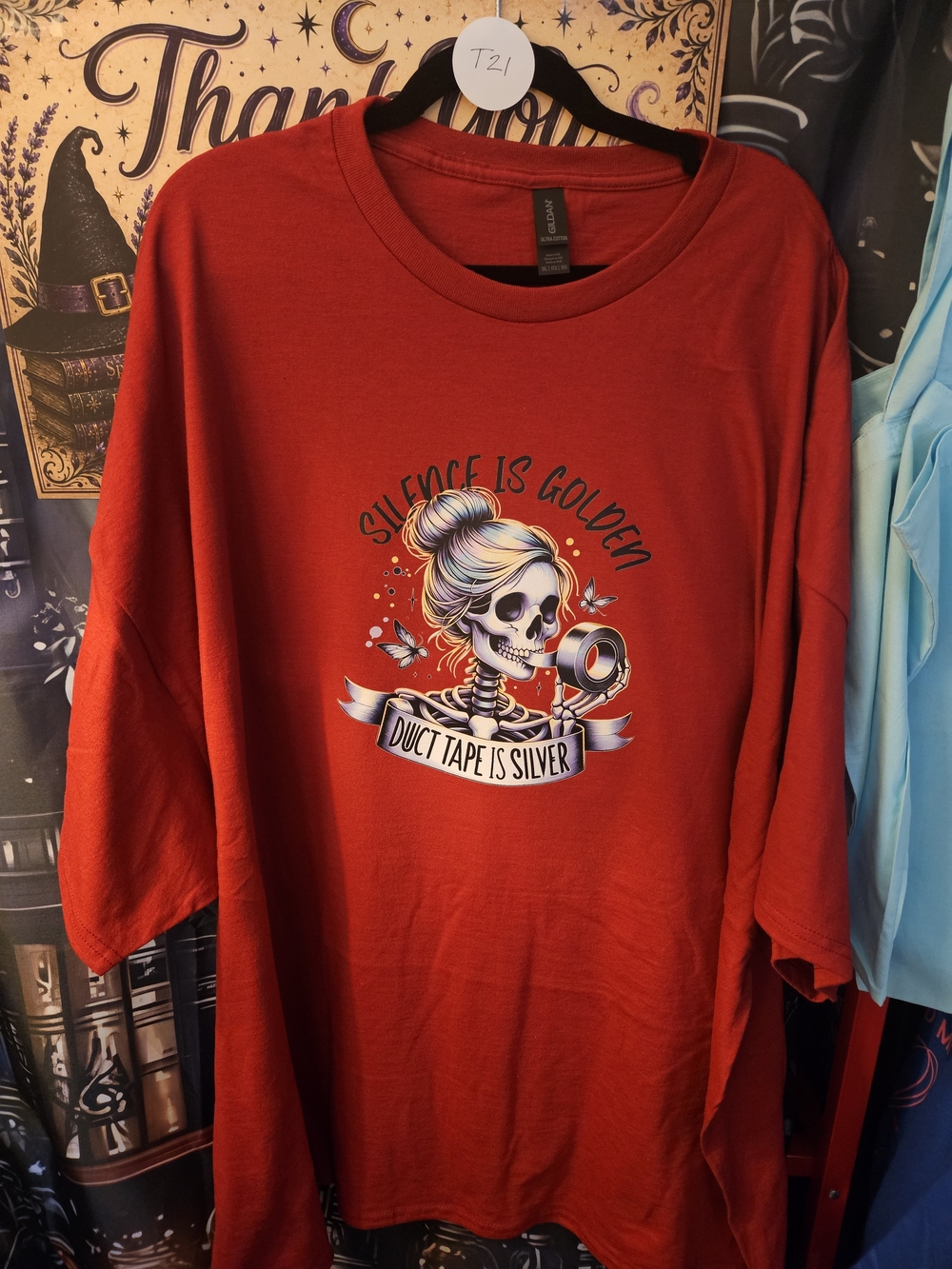AGildan Red Unisex Graphic Tee with Skull & Ribbon Design